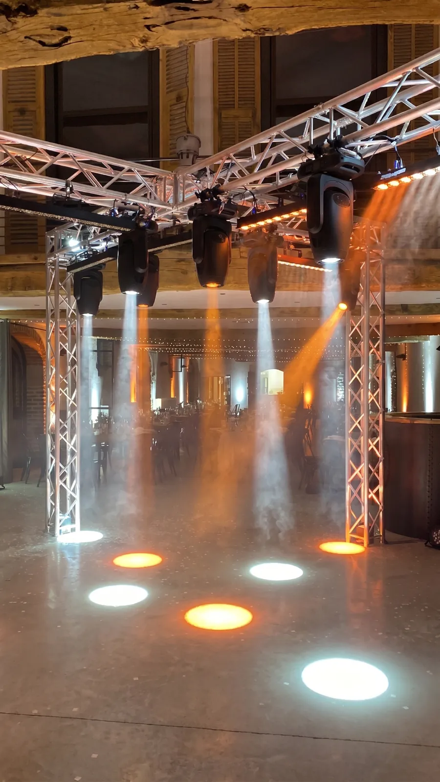 Premium setup: lighting truss with moving heads over the dance floor